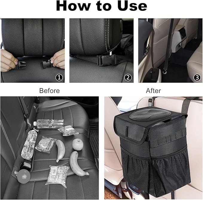 Car Trash Can Pack of 2 Foldable Garbage Bin Leakproof 2.3 Gallons Car Trash Bag Black