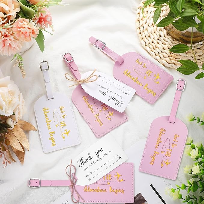 Sweetude 48 Sets Leather Luggage Tag Bulk and So The Adventure Begins Luggage Tags with Name Card for Wedding Bridal Shower B