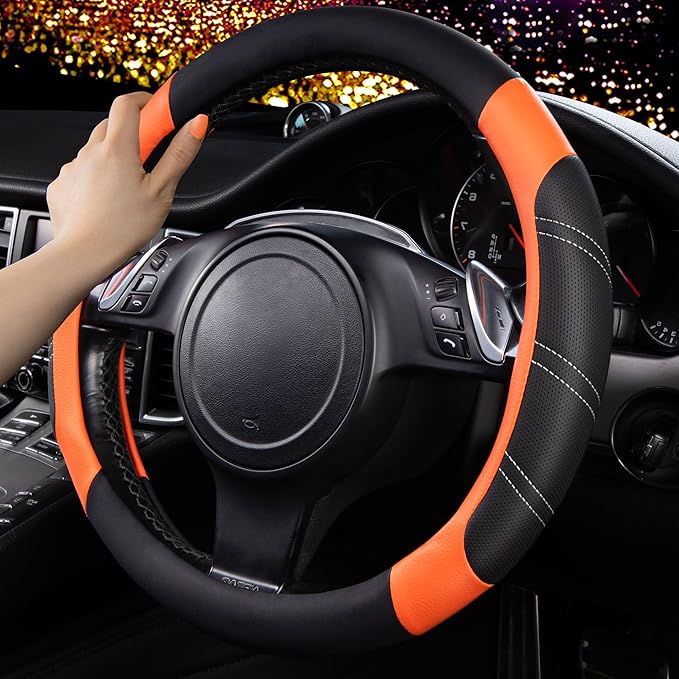 CAR PASS Line Rider Microfiber Leather Sporty Steering Wheel Cover Universal Fits for 95% Truck,SUV,Cars,14.5-15inch Anti-Sli