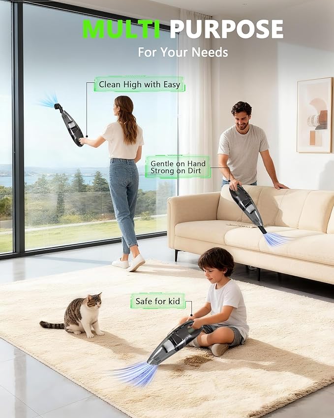 Handheld Vacuum Cordless, 11KPA Strong Suction & 25 Mins Runtime Brushless Motor, Rechargeable Car Vacuum Cleaner with 2 HEPA