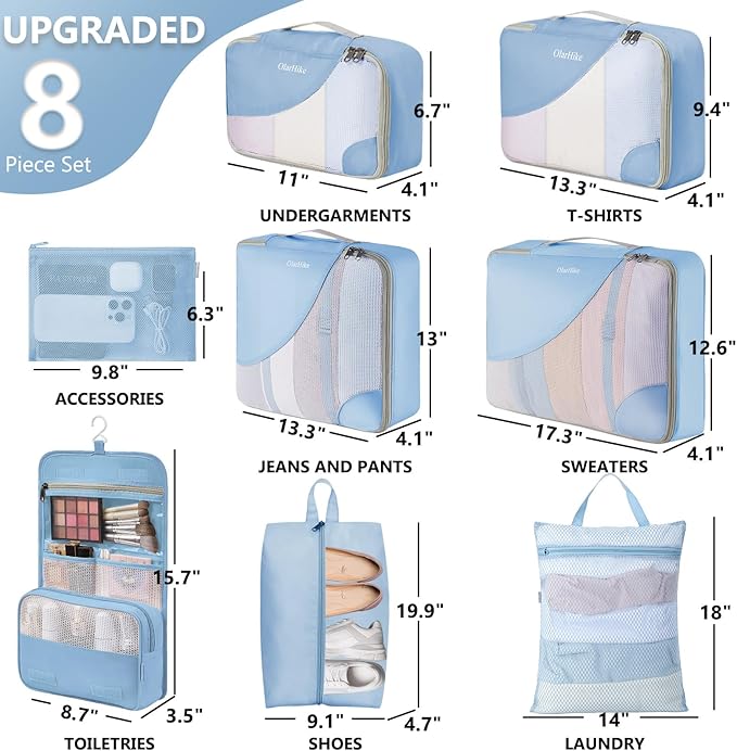 8 Set Packing Cubes for Travel, Gifts for Women Mom,Anti-Tearing Suitcase Organizer for Luggage with Shoe & Hanging Toiletry 
