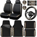 CAR PASS Leopard Print Faux Leather Car Seat Covers & Leopard Car Mats&Leopard Steering Wheel Cover Seat Belt Universal Car A