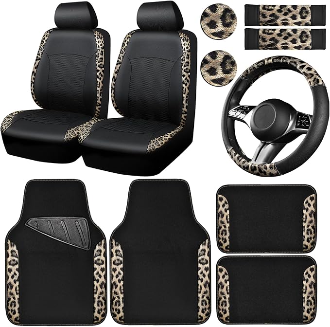 CAR PASS Leopard Print Faux Leather Car Seat Covers & Leopard Car Mats&Leopard Steering Wheel Cover Seat Belt Universal Car A