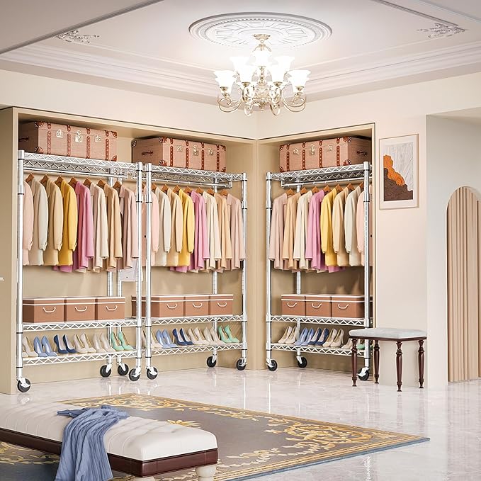 M MZG Heavy Duty Rolling Garment Rack 3 Tiers Adjustable Wire Shelving Clothes Rack with Rods and Side Hooks,Storage Closet C