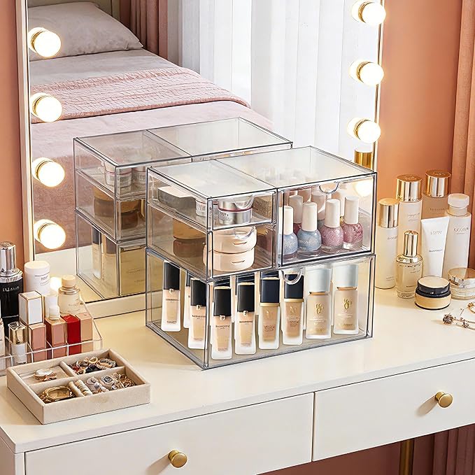 Prsildan Acrylic Drawer Makeup Organizer with 4 Drawers, Set of 2 Office Desk Organizers Accessories, Clear Stackable Storage