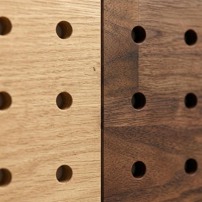 Wooden Pegboard Wall Organizer Kit – Modern Natural Wood Peg Board with Shelves & Hooks – 2 Tone Brown & Oak Premium Wooden P