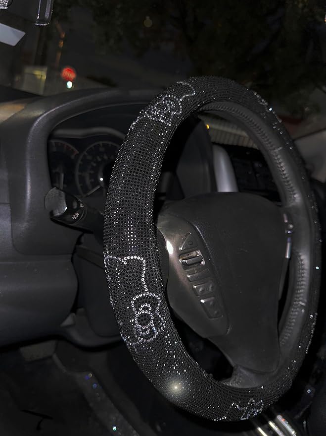 Fashion Car Ultra Bling Steering Wheel Cover with Sparkly Diamond Rhinestones, Gorgeous Accessory with Anti Slip Lining Extra Bling Especially Shiny Cat Exotic Universal (Black Kitty Silver)