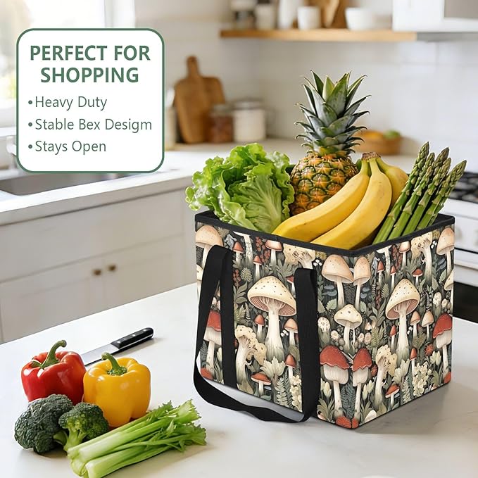 Mushrooms Reusable Grocery Bags Large Shopping Tote Bag with Reinforced Bottom Board, Water Resistant Foldable Storage Bags f