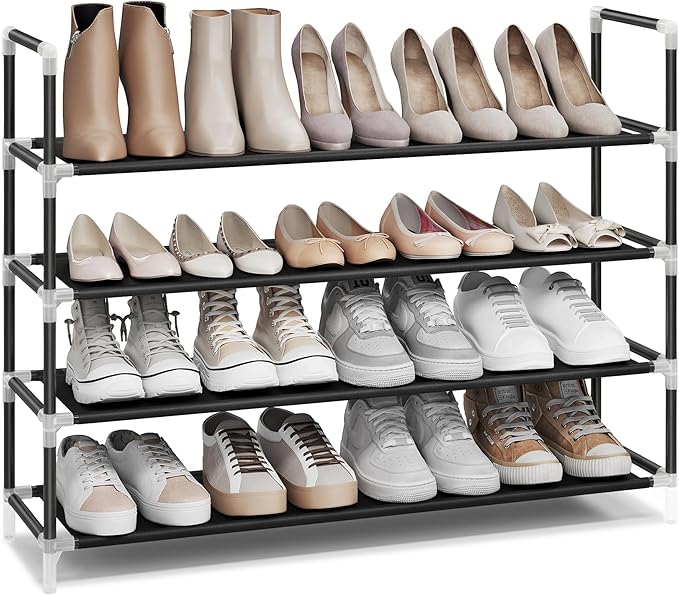SONGMICS 4-Tier Shoe Rack, Shoe Storage for Hallway Closet, Slim and Space-Saving, Metal Frame, Non-Woven Fabric Shelves, Bla