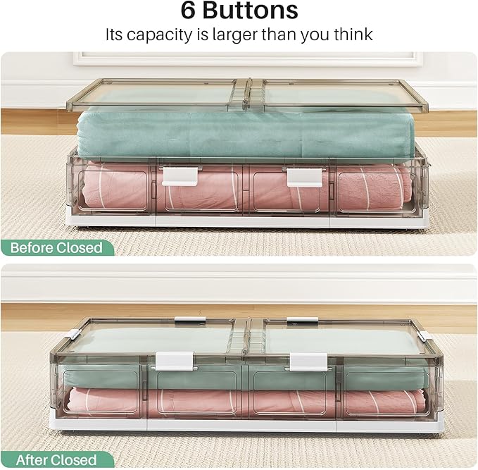 Kitstorack Plastic Under Bed Storage Containers,2 Pack Underbed Storage with Wheels,Foldable and Stackable Under Bed Organize