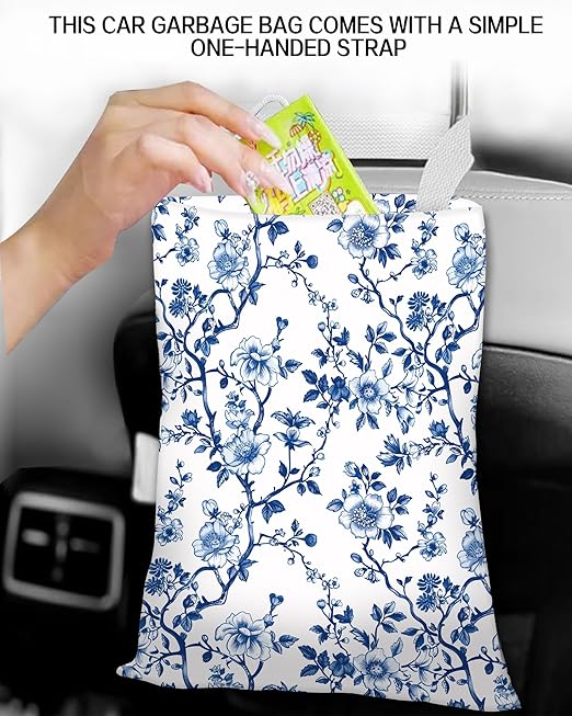 Car Trash Can, Durable Hanging Car Trash Garbage Bag, Cute Automotive Garbage Cans Organizer, Cute Blue Floral
