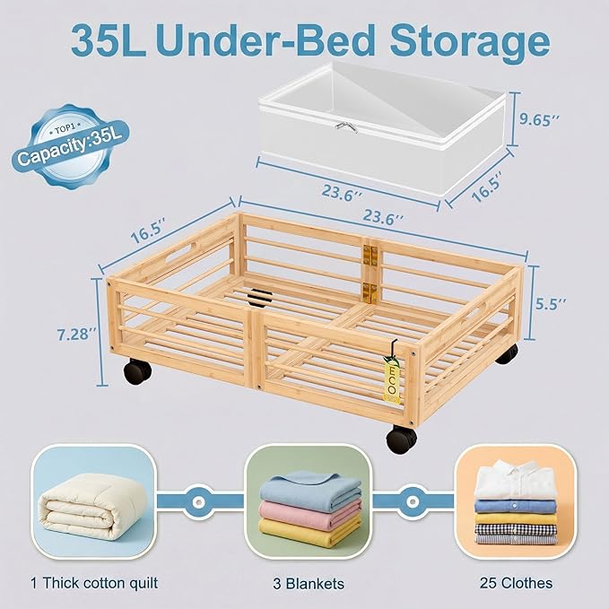 Under Bed Storage Containers with Wheels, Larger Bamboo Wood Under Furniture Storage Containers with Dust Bags，Rolling for Sh