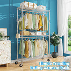 Simple Trending Clothing Garment Rack with 3 Tiers Storage Shelves, Heavy Duty Rolling Clothes Organizer Double Rods with Whe