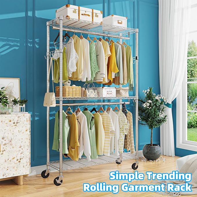 Simple Trending Clothing Garment Rack with 3 Tiers Storage Shelves, Heavy Duty Rolling Clothes Organizer Double Rods with Whe