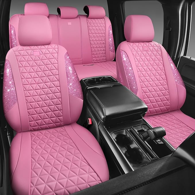 CAR PASS Bling Diamond Pink Leather Car Seat Covers Full Sets Interior Sets, Waterproof Shining Glitter Sparkly Crystal Unive
