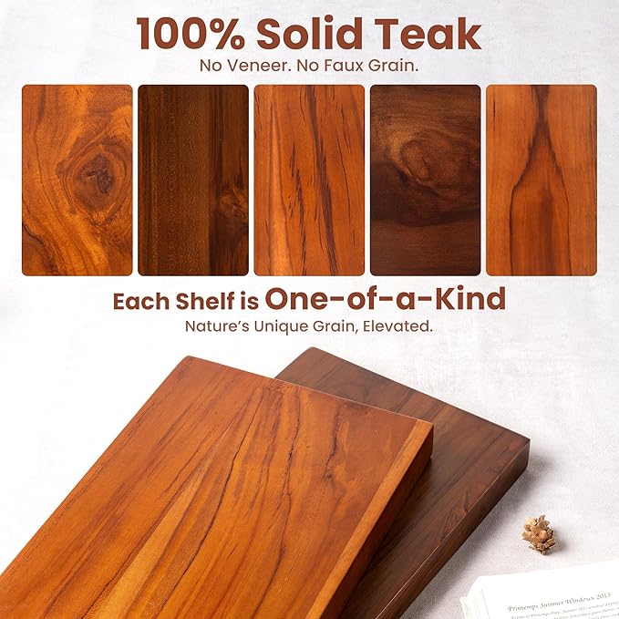 Teak Floating Shelves Set of 2-36 Inch Natural Waterproof Wood Wall Shelves with Invisible Brackets for Bathroom, Kitchen, Ba