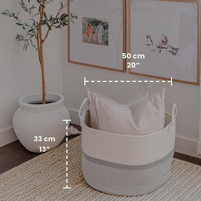 OrganiHaus Large Woven Storage Basket for Blankets and Toys 20" x 13" Inch, Rope Laundry Basket with Handles, Cushions & Pill