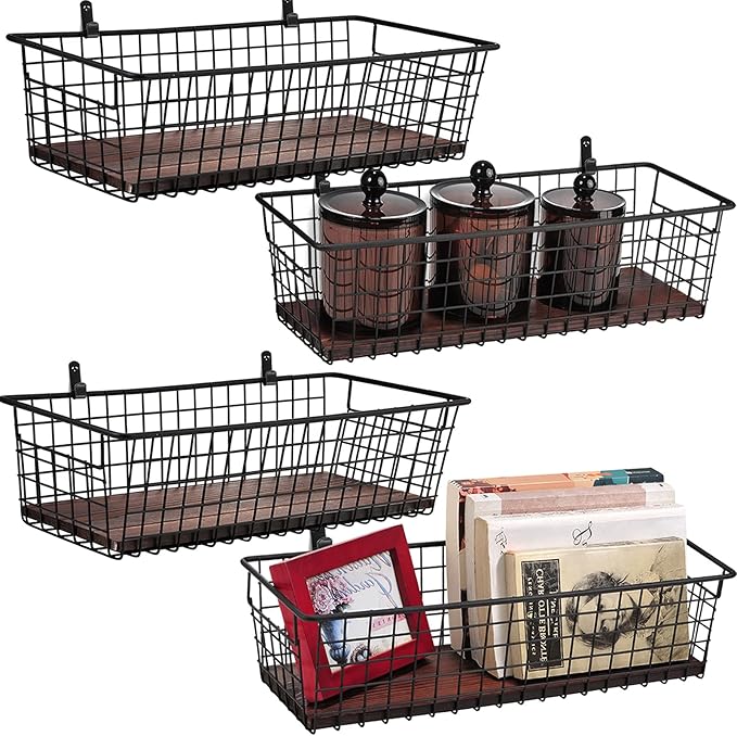 4 Set [Extra Large] Portable Metal Farmhouse Wall Decor Storage Organizer Basket Bin with Handles and Floating Shelves for Ha