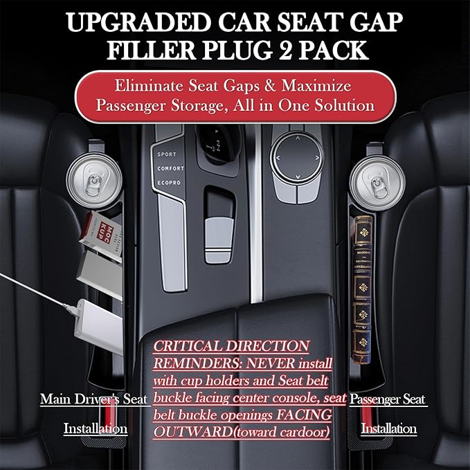Car Seat Gap Filler Set of 2, Upgraded Car Side Seat Gap Fillers with Organizer, Cup Holder & Hook Function, Inserts Between Front Seats Console Catcher 4in1 Gap Stopper Fill Plug Storage Box (Black)