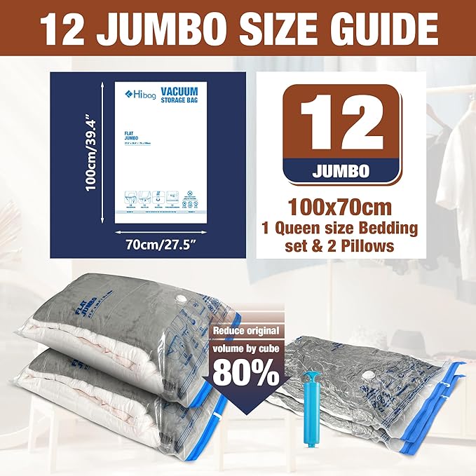 HIBAG Vacuum Storage Bags, 12 Jumbo Vacuum Seal Bags for Clothing, Space Bags for Clothes, Comforters, Blankets, Bedding (12J