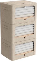 FHSQX 3 Pack Clothes Storage Bins Foldable Metal Frame Storage Box Extra Large Stackable Linen Fabric Organizer Set with Carr
