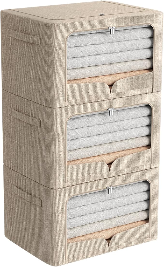 FHSQX 3 Pack Clothes Storage Bins Foldable Metal Frame Storage Box Extra Large Stackable Linen Fabric Organizer Set with Carr