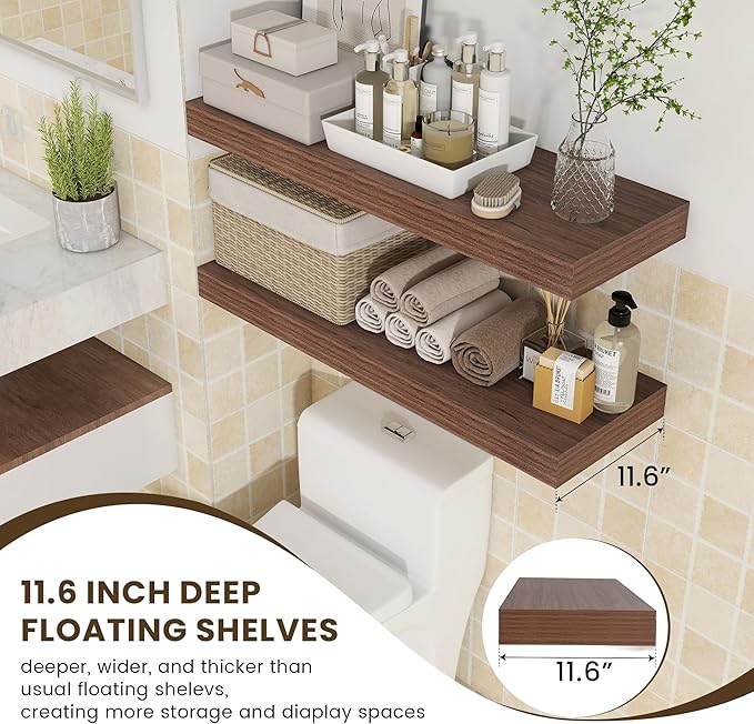 Deep Floating Shelves | 36 Inch Walnut Floating Shelves Set of 2 | 12 Inch Deep Rustic Wood Shelves for Wall | 36" W x 12" D 