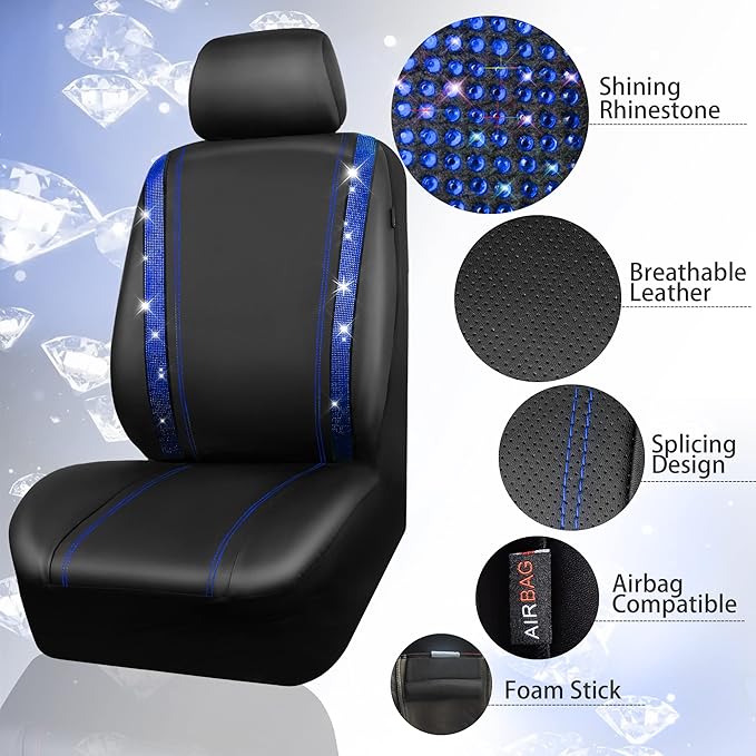 CAR PASS Leather Diamond Bling Car Seat Covers 2 Front Interior Sets, Waterproof Universal Shining Glitter Crystal Sparkle Fit for 95% Automotive Truck SUV Cute Women Girl, Black Blue Rhinestone