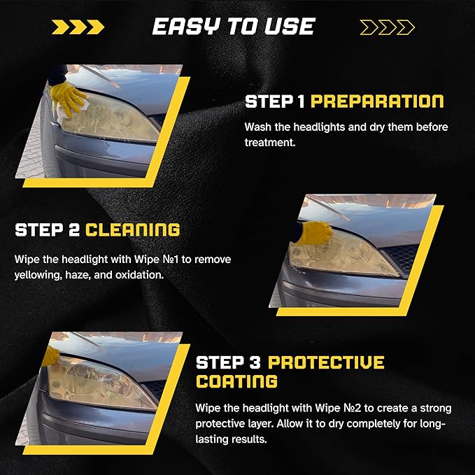3-Step Headlight Restoration Kit – Removes Yellowing, Haze & Oxidation | No Tools Needed | Lasts Up to 2 Years | for All Vehi