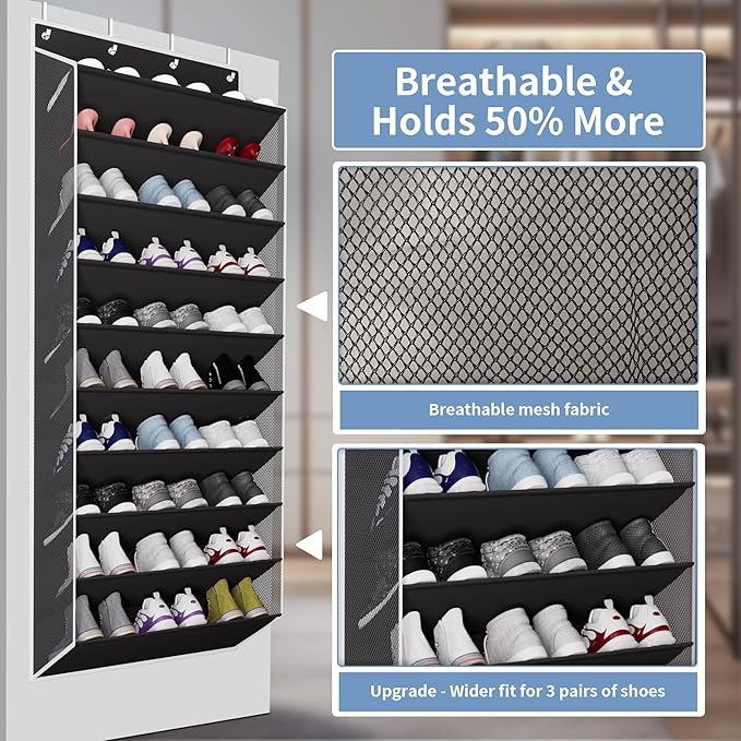 TAHAVICE 10-Tier Large Size Over The Door Shoe Organizer, Holds 30 Pairs Hanging Shoe Rack with Deep Pockets for Closet, Spac