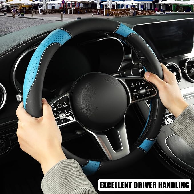 Microfiber Leather Steering Wheel Cover, Breathable, Anti Slip, 13.5 inch to 14 inch, Black with Blue