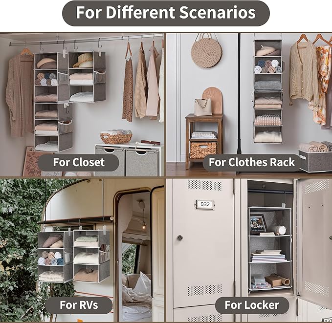 StorageWorks 6-Shelf Closet Organizers, Two 3-Shelf Separable Hanging Shelves for Closet, 12" D x 12" W x 48 ¼"H， Canvas, Gra