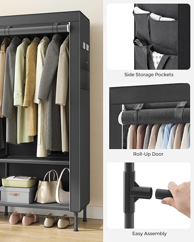 SONGMICS Wardrobe Closet, 65 Inch Heavy Duty Portable Closet, Freestanding Closet Organizer, Clothes Rack with Cover, 2 Hangi