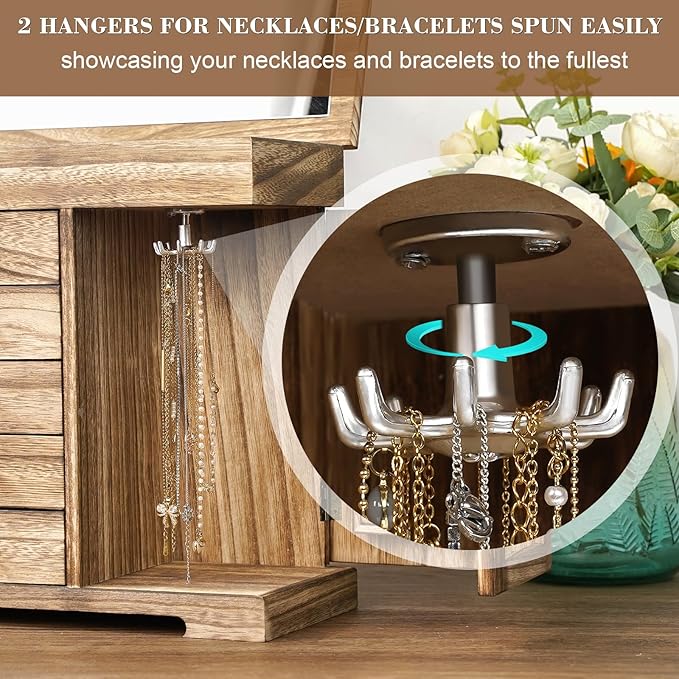 Miratino Jewelry Box for Women Girls, Rustic Wooden Jewelry Organizer Box with Mirror, 5 Layer Jewelry Storage Case Display f