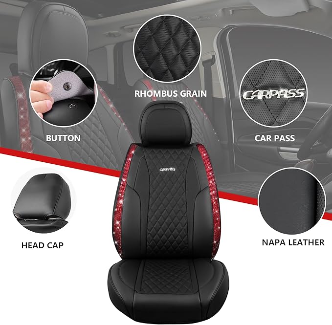 CAR PASS Nappa Leather Bling Diamond Black Red Seat Covers Full Set, Waterproof Calfskin Heavy-Duty Anti-Slip, Universal Fit 