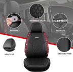 CAR PASS Nappa Leather Bling Diamond Black Red Seat Covers Full Set, Waterproof Calfskin Heavy-Duty Anti-Slip, Universal Fit 