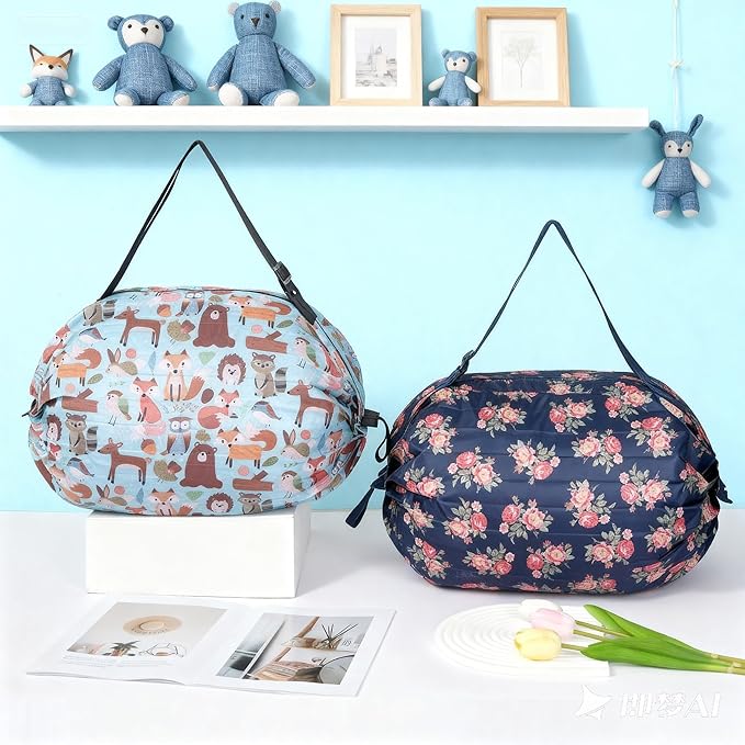 Foldable Reusable Tote Bags - Thickened 210D Nylon Waterproof Grocery Shopping Bag with Zipper & Adjustable Strap