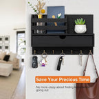 dreampossible Key and Mail Holder for Wall, Mail Organizer Wall Mount with 6 Hooks and Storage Drawer, Wooden Key Rack Hanger