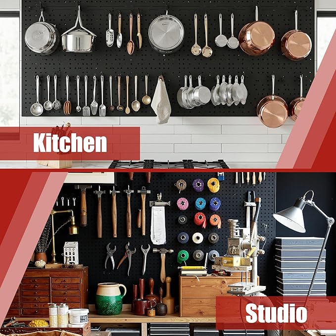 Peg Board 8 Pack Metal Pegboard Panels with 50 Hooks, Heavy Duty Pegboard Wall Organizer, Black Pegboards for Workbench, Gara