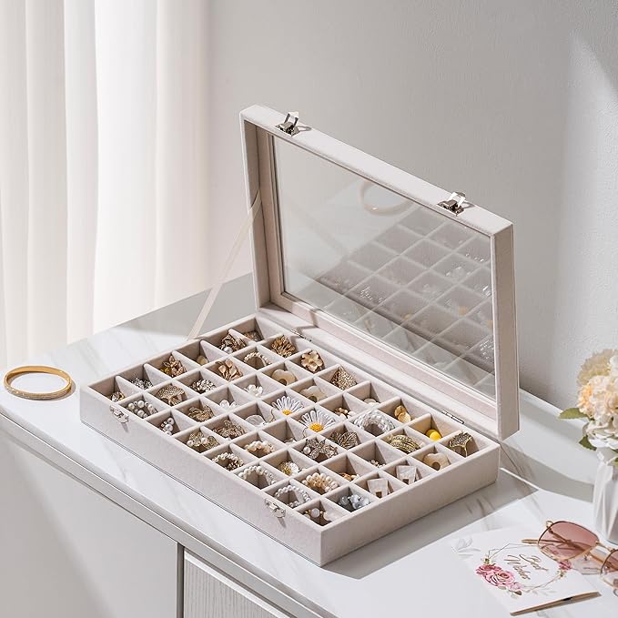 48 Grid Earring Organizer and Storage: Velvet Jewelry Tray with Lid, Jewelry Box for Studs, Earrings, Rings, Necklaces, Dress