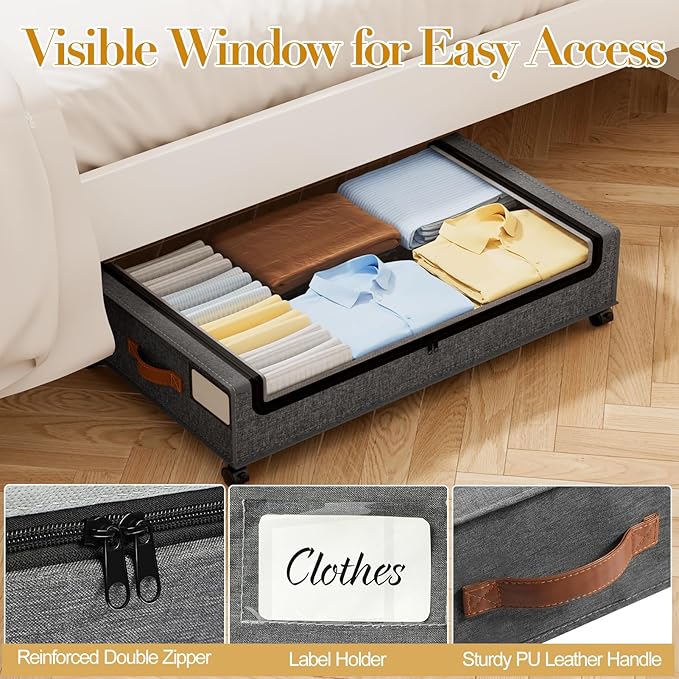 Yecaye Under Bed Storage with Wheels, 2 Pack Under the Bed Storage Containers with Lids & Label, XXL 60L Rolling Underbed Sto