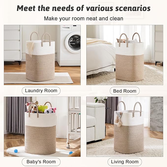 Laundry Basket,Woven Cotton Rope Laundry Hamper,Versatile Storage for Dirty Clothes,Baby Toys,and Blankets in Bathroom, Nurse