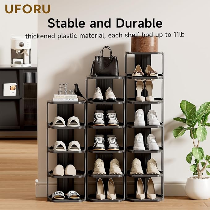 Vertical Shoe Rack, 9-Tier Plastic Stackable Storage Shelf for Small Closets and Narrow Spaces, Compact Free Standing Shoe Ra