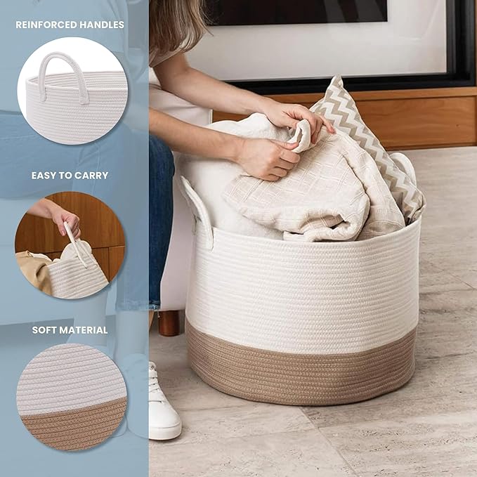 OrganiHaus Large Woven Storage Basket for Blankets and Toys 20" x 13" Inch, Rope Laundry Basket with Handles, Cushions & Pill