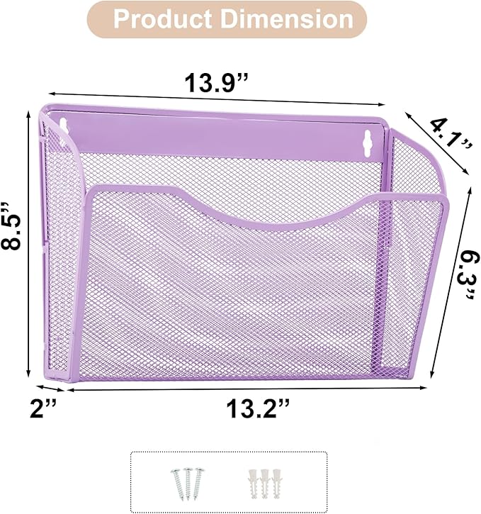 EASEPRES 3 Single Pocket Mesh Hanging File Organizer, Vertical Wall Mounted Magazine File Holder, Mount Basket Mail Paper Doc