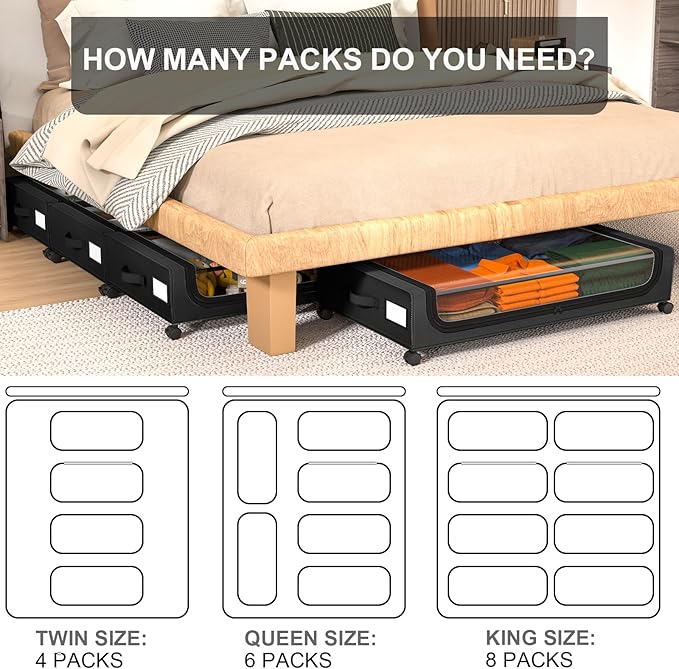 GoMaihe Under Bed Storage with Wheels: 6-Pack XXL 48L Underbed Storage Containers with Lids - Rolling Drawers for Shoes Cloth
