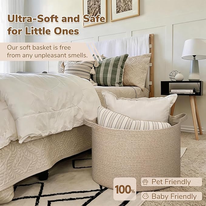 INDRESSME XXXLarge Blanket Basket for Living Room 21.7" x 21.7" x 13.8"-Storage Basket with Handle for Organizing Toy Pillows