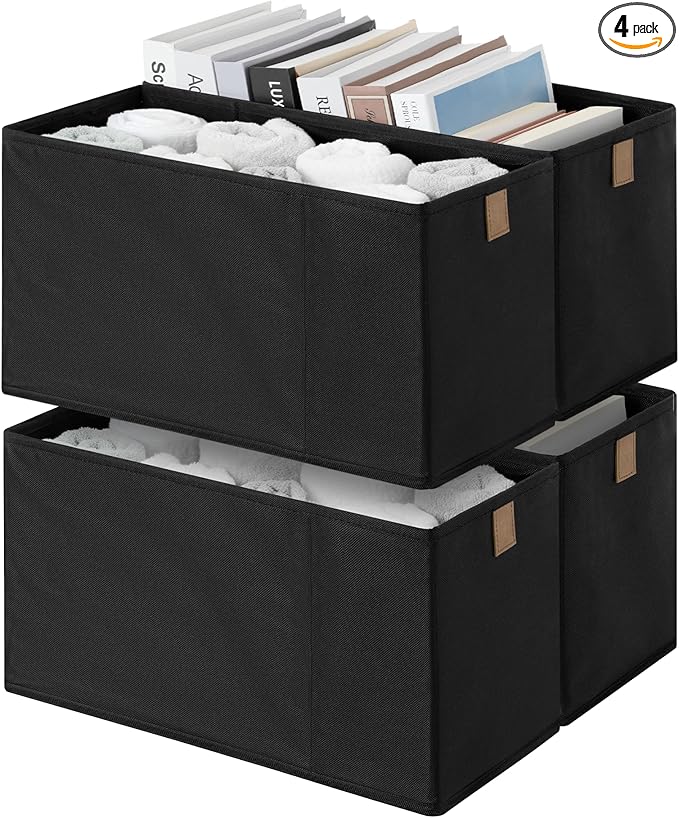 StorageWorks Narrow Storage Basket, Narrow Baskets for Shelves, Fabric Storage Bins with PU Handle, Perfect for Clothes, Unde