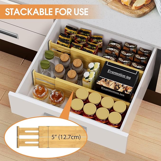 Bamboo Drawer Dividers Organizers, Kitchen Drawer Organizer, Adjustable Drawer Divider for Clothes, Kitchen, Dresser, Bedroom