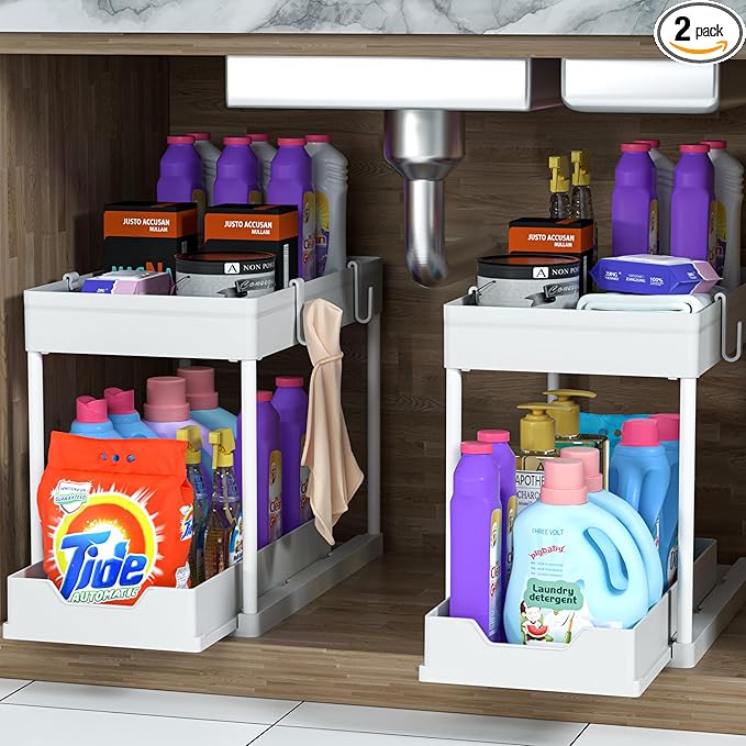 MEAFBIRD 2 Pack Under Sink Organizer, 2 Tier Bathroom Cabinet Organizer with Sliding Basket, Multi-Purpose Under Sink Organiz